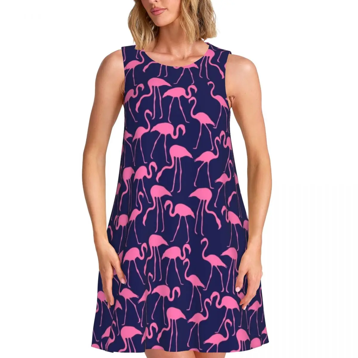 Vestido sin mangas con estampado de flamencos en rosa y azul marino, vestido estético con estampado animal, vestido lindo sin mangas, venta al por mayor, ropa con estampado de cuello redondo para mujer