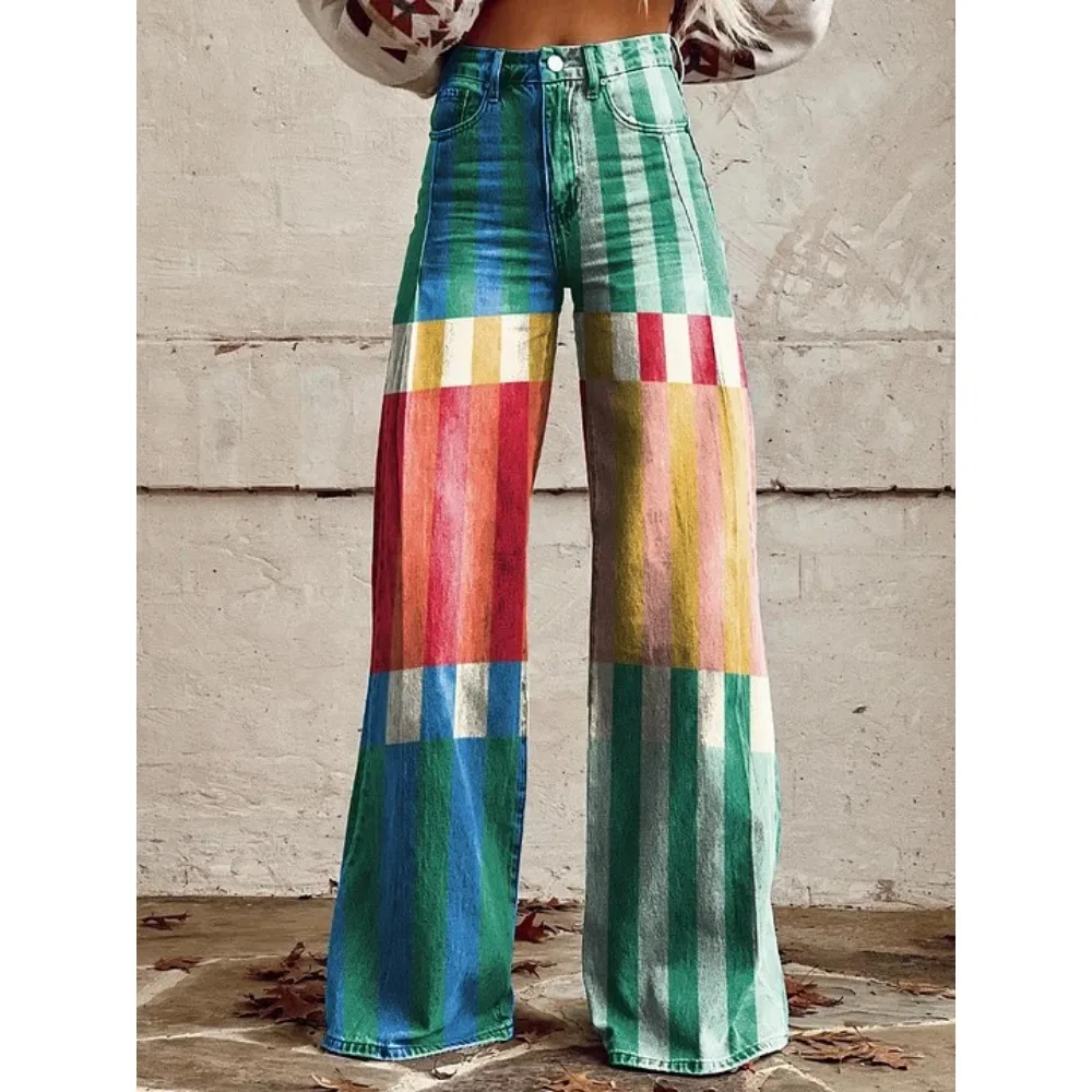 Damenhose mit Folk-Art-Print, hoher Taille und weitem Bein, Boho-Freizeithose, farbenfrohe, bequeme, locker sitzende Hose für den Alltag – Detail 4