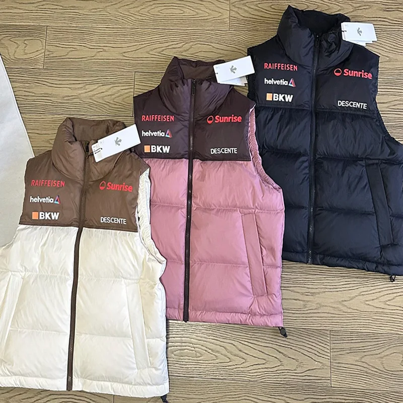 Color-block stand collar down vest unisex double-layer down-proof back letter print vest 2026 Winter new arrivals