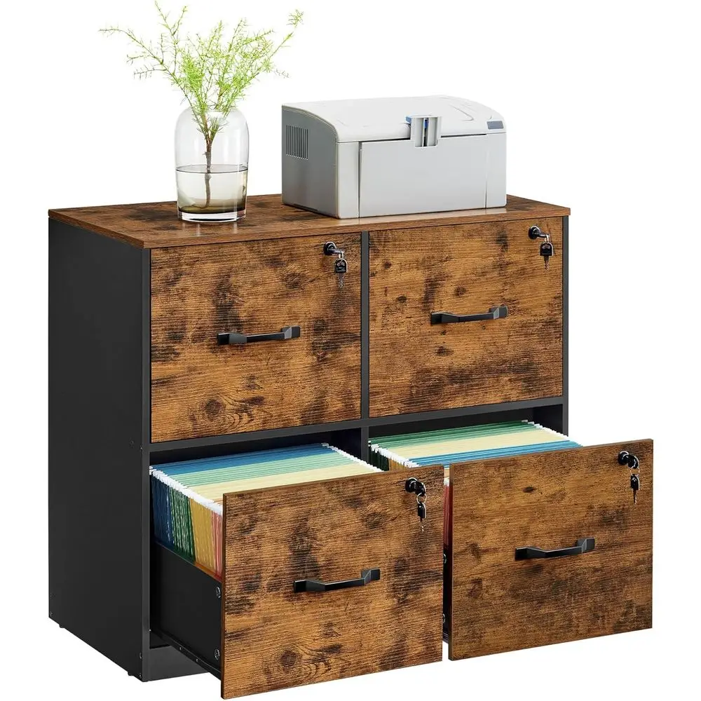 

4 Der ile Cabinet with Lock, Printer Stand, Oice iling Cabinet Organizer, or A4 and Letter Size Documents, Rustic Brown and Blac