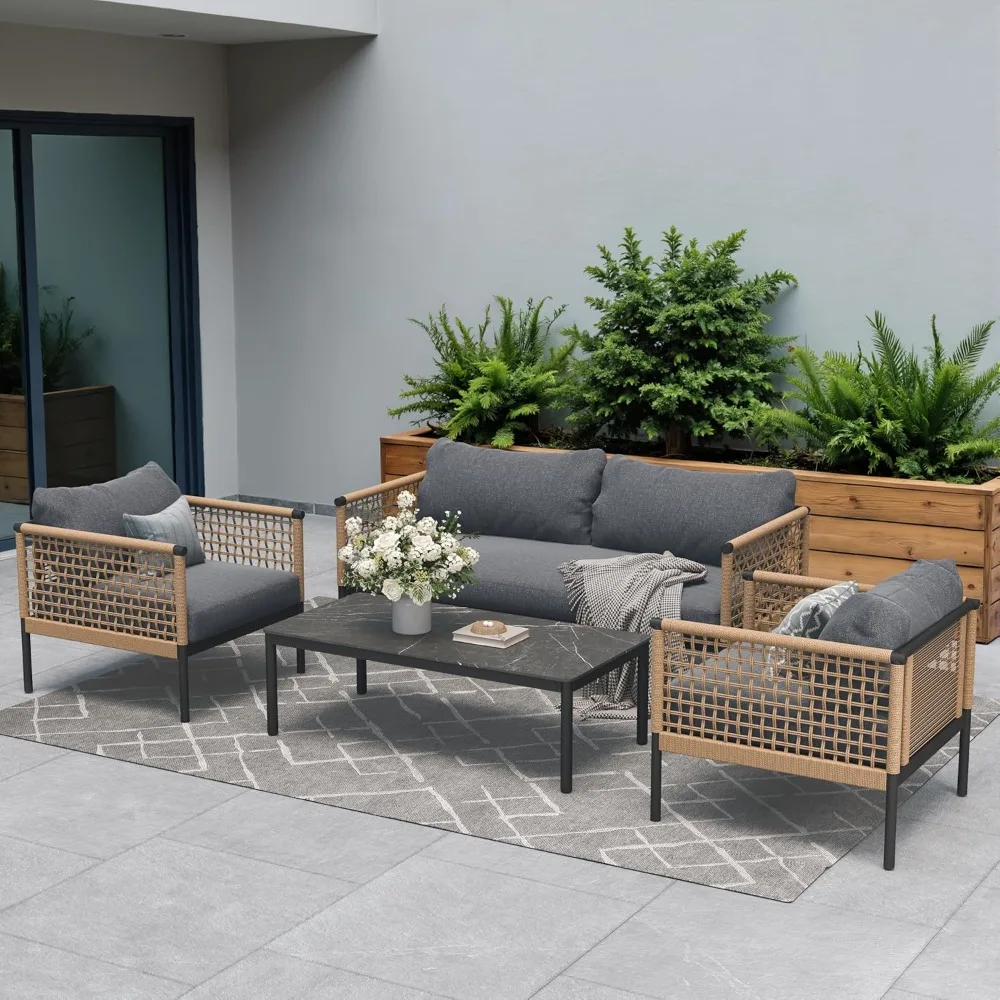 

4-Piece Wicker Patio Furniture Set, Boho Outdoor Conversation Set, Patio Sofa Seatings with Coffee Table for Garden.
