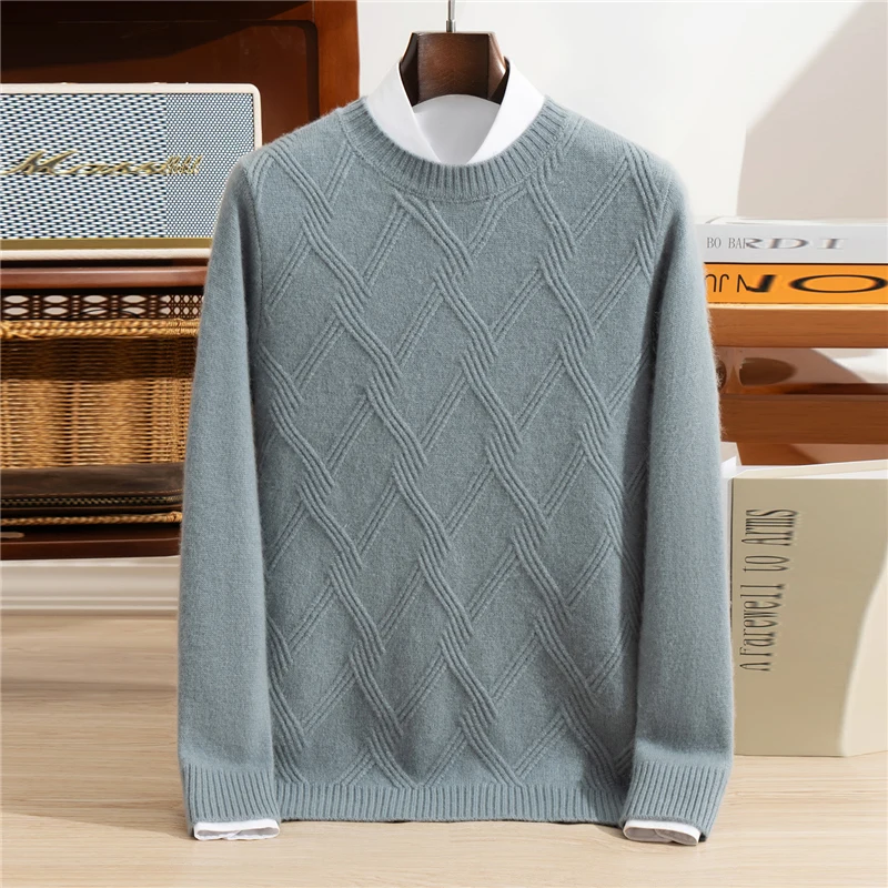100% pulôver de caxemira pura masculino casual cor sólida camisola de malha geométrica solta em torno do pescoço topos grosso e quente jumper