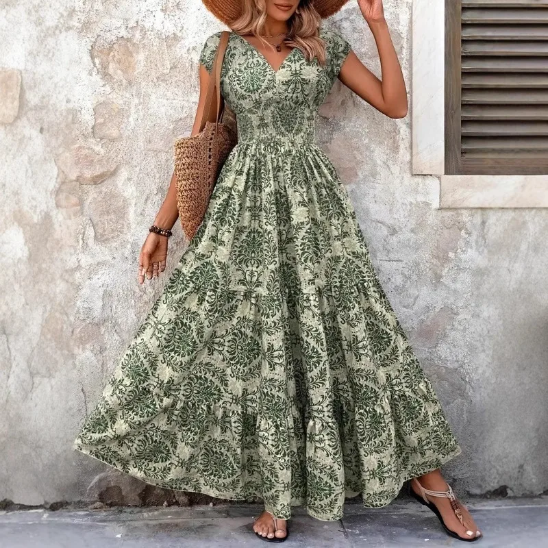 UNITIM Vestido estampado retro literario de verano para mujer, elegante vestido de manga corta con cuello en V, vestido informal largo de corte A para mujer