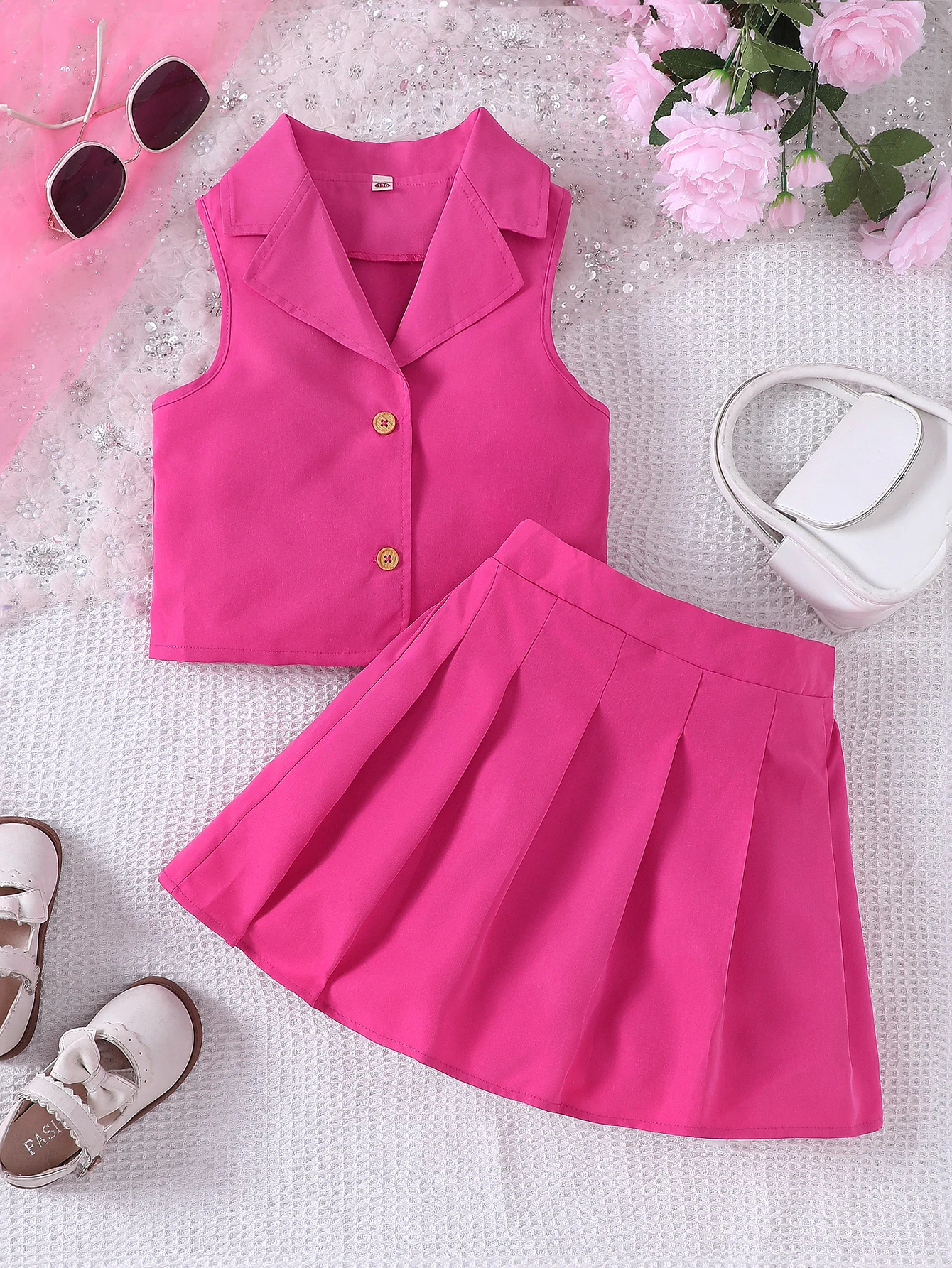 Girls Summer New Product Rose Red Fashion Trendy Set With Polo Collar Vest And Pleated Skirt Two Piece Set