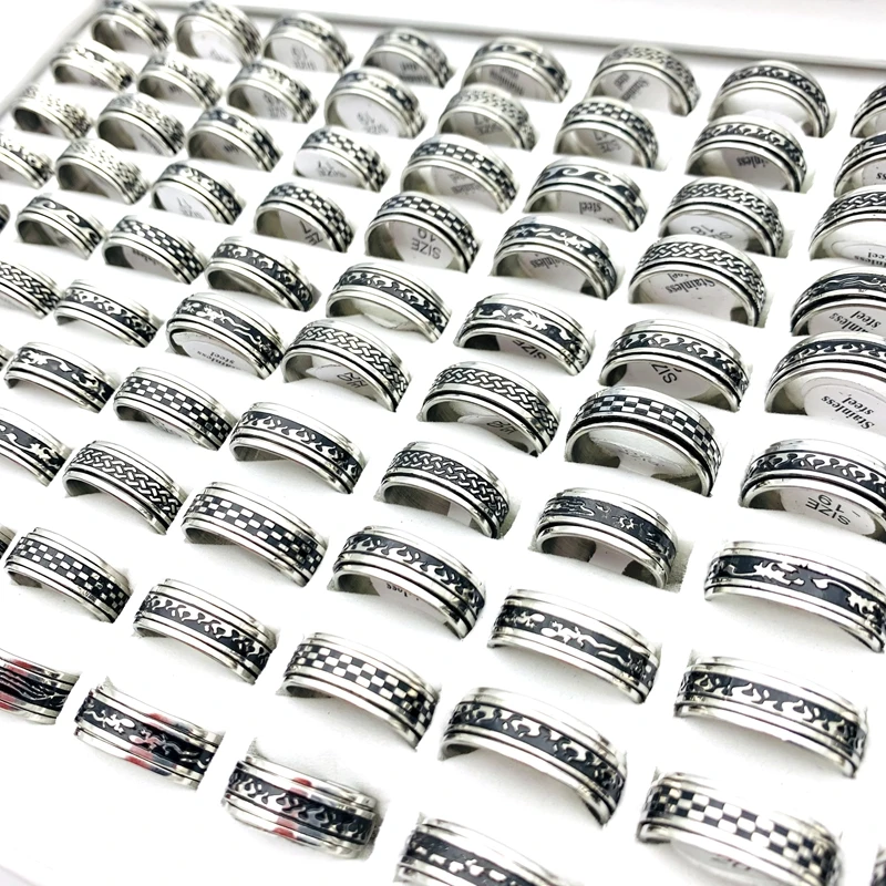 Wholesale 50pcs Stainless Steel Rotatable Rings For Men Women 8mm Black Etched Patterns Fashion Jewelry Spinner Party Gift