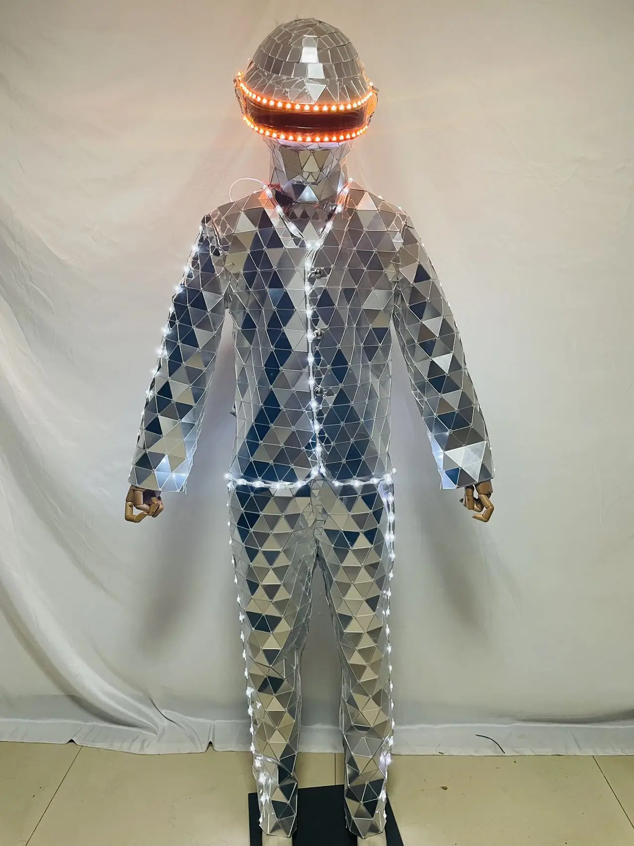 Hand Made Silver Golden LED Mirror Man Show Stage Suit Performance Mask Costume