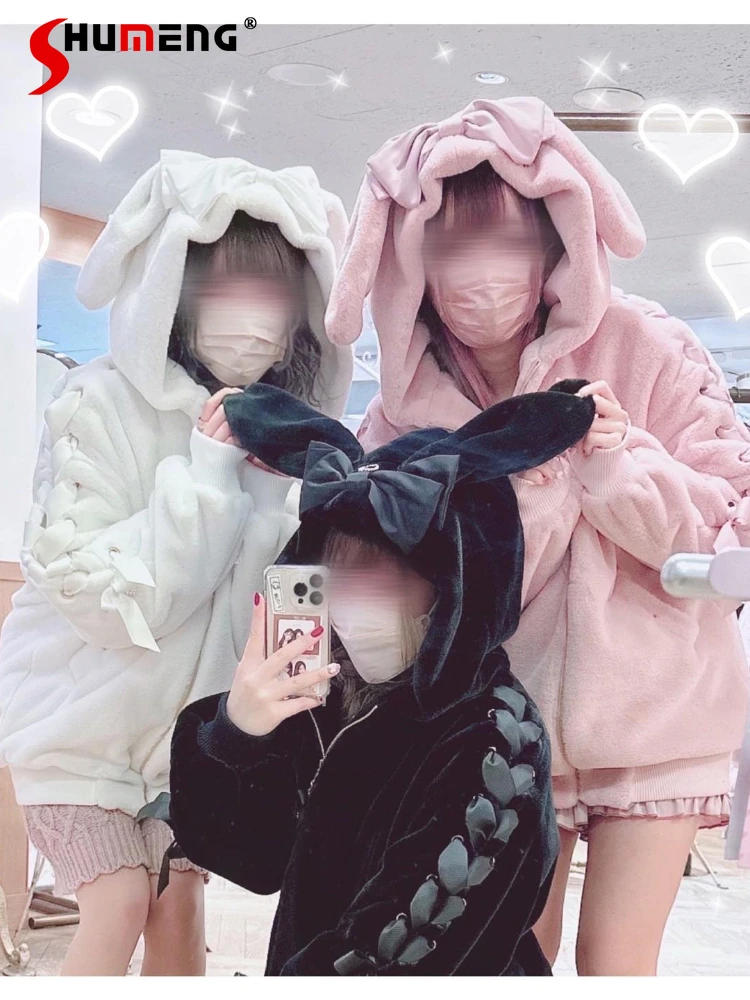 

Japanese Style Sweet Winter Clothes Women Hooded Furry Jacket Cute Mine Mass-Produced Mid-length Rabbit Ear Plush Cotton Coat