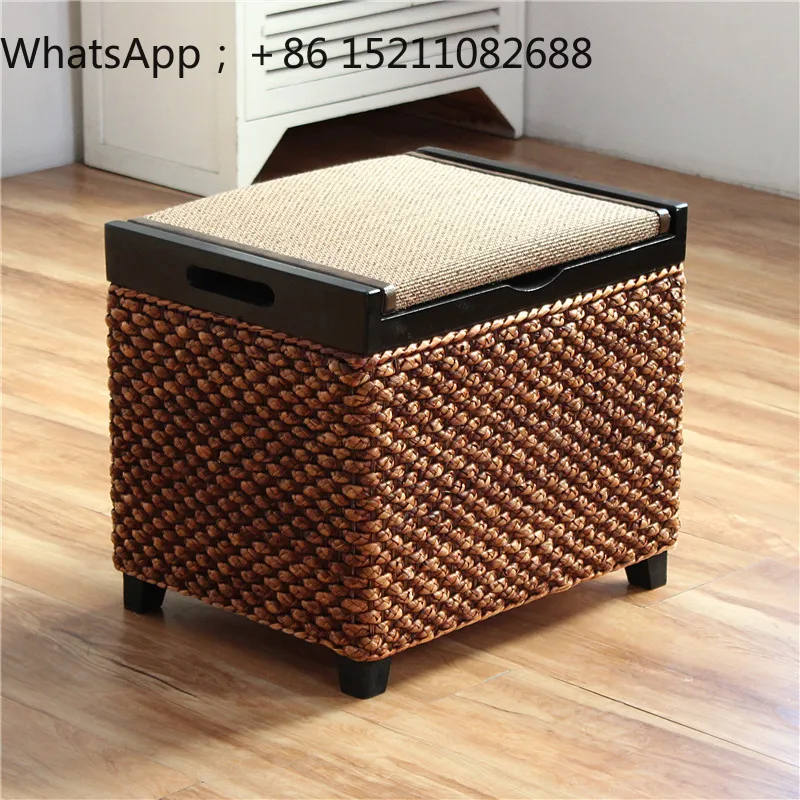 LLY rattan storage storage stool can sit at home, shoe change stool, solid wood seat box sofa stool at the door of the home