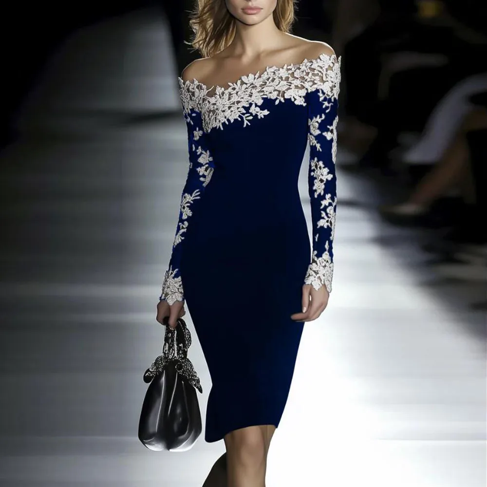 Customized Off Shoulder Lace Patchwork Bodycon Dress for Women Sheath Knee Length Formal Cocktail Dresses Column Short Prom Gown