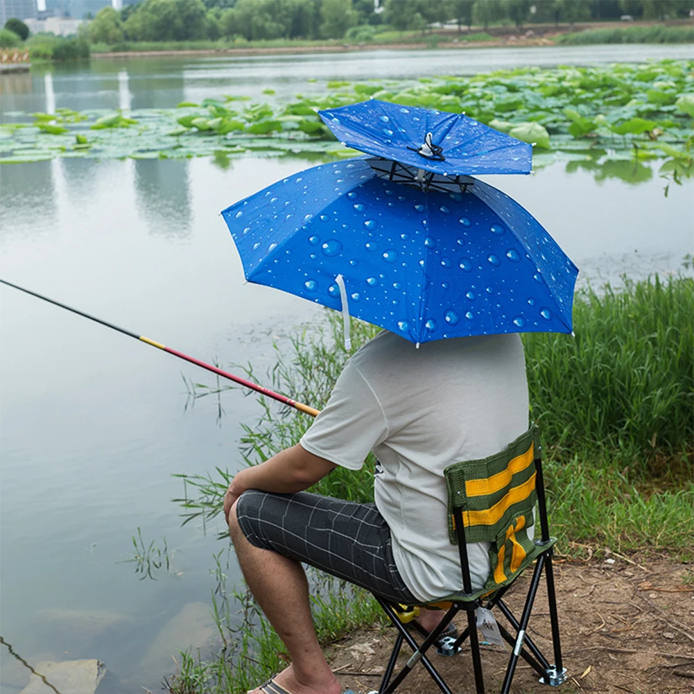 Paraguas de pesca al aire libre, portátil, plegable, de doble capa, a prueba de viento, a prueba de rayos UV, sombrero parasol montado en la cabeza