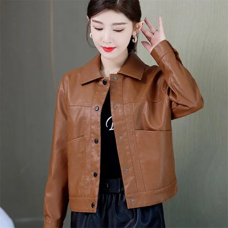 Black PU Leather Jacket Women's Short Style Stylish Lapel Spring Autumn New Fashion Casual Leather Jackets Female Motorcycle Top
