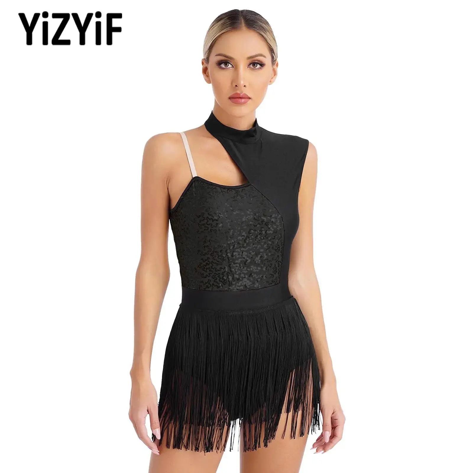 

Womens Shiny Sequins Latin Dance Gymnastics Leotard Sleeveless Patchwork Fringed Bodysuit Stage Performance Costume