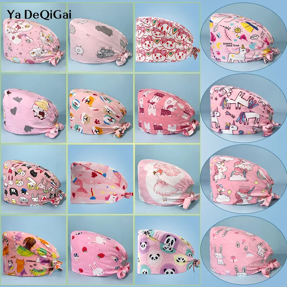 New Pink Cartoon Print Scrub Caps Nurse Hat Floral Sanitary Cap With Sweatband Dentist Hats Medical Nursing Cap Doctor Scrub Hat