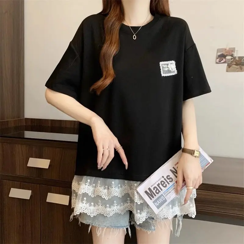 

Lazy Style Lace Patchwork Loose Tops Summer New Short Sleeve Solid Youth All-match Korean T Shirts Casual Trend Women Clothing