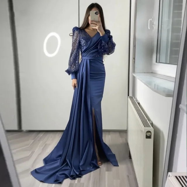 

Vinca Sunny Evening Dress for Wedding Party V Neck Glitter Long Puffy Sleeves Mermaid Prom Gown Formal Celebrity robes de soirée