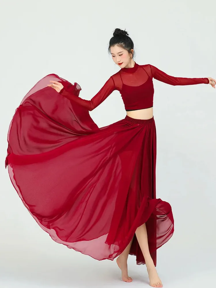 

Solid Color Ballet Costume Set for Women – Slim Fit Long Sleeve Top with Sheer Mesh Skirt for Dance Practice & Performance