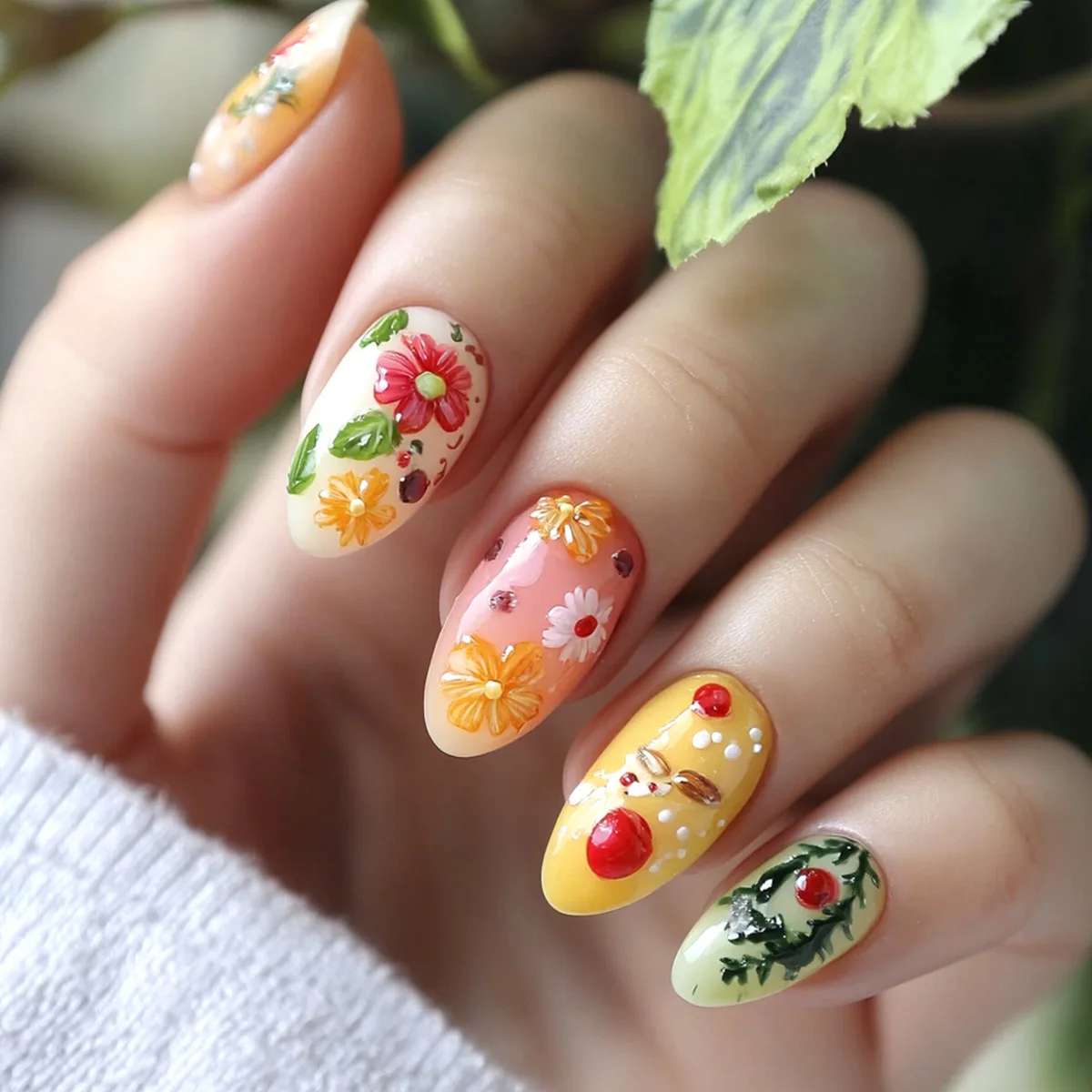 24Pcs Short French Almond Nails Set Press on with Flower Lemon Design Fake Nail for Woman Datachable Finished False Nails Tips