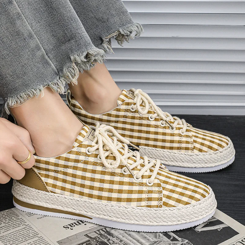 Hot Sale Gingham Men's Canvas Sneakers Fashion Casual Green Sneakers Men Trendy Lightweight Breathable Skateboard Shoes For Men