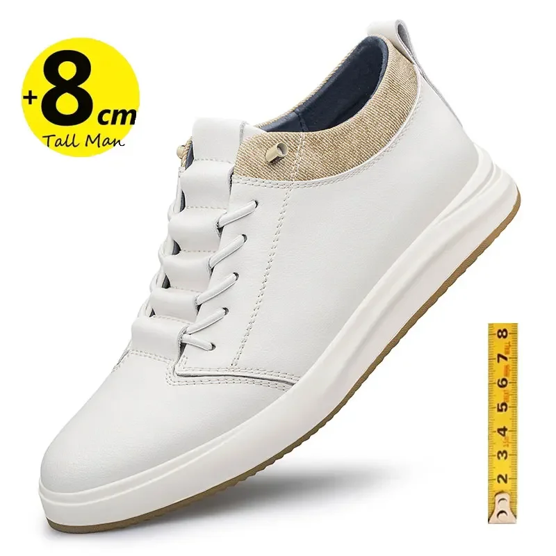 Men's genuine leather sneakers elevator shoes black height increasing shoes men luxury 6cm 8cm white casual lift casual shoes