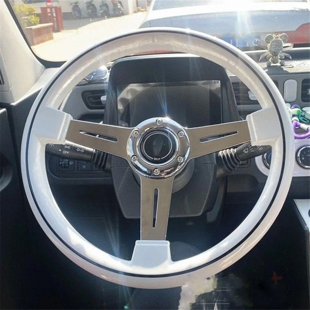 Universal Modification 14 Inch Electroplating Steering Wheel White ABS Concave Black Line Racing Steering Wheel Cars Accessories