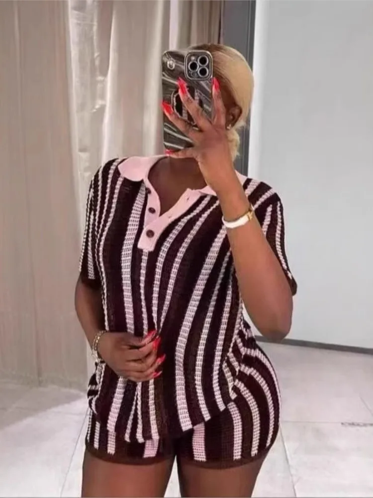 

Short Pants 2 Pieces Set Knitted Striped Vintage Women Suits Fashion Casual Turndown Collar Button Shirts Shorts Women Outfit