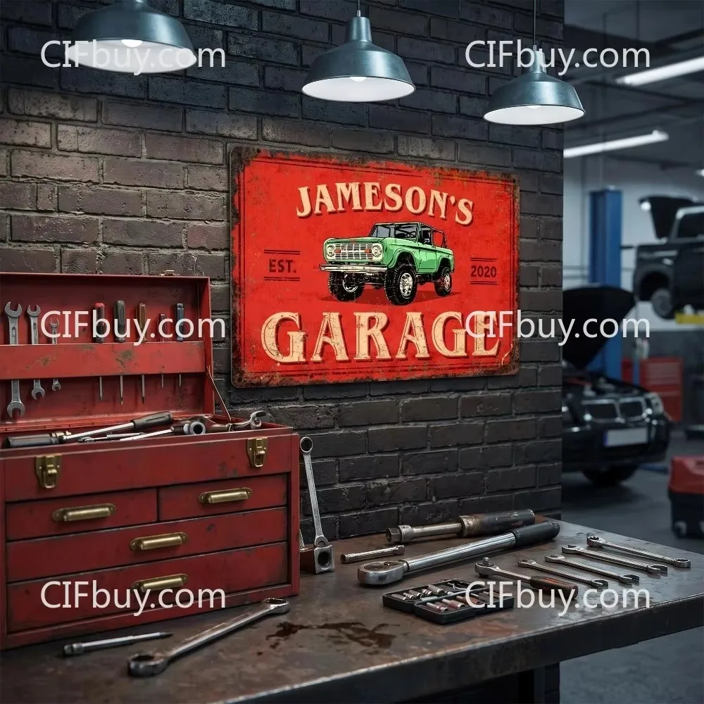 CIFbuy [2D Flat] Custom Garage Vintage Metal Sign, Personalized Name Est Year Car Theme Wall Plaque, Man Cave Decor Only