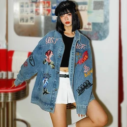 Women's Graffiti Printed Loose Casual Cowboy Jackets, Retro American Street Style, Winter Coat, Denim Jacket, SL551