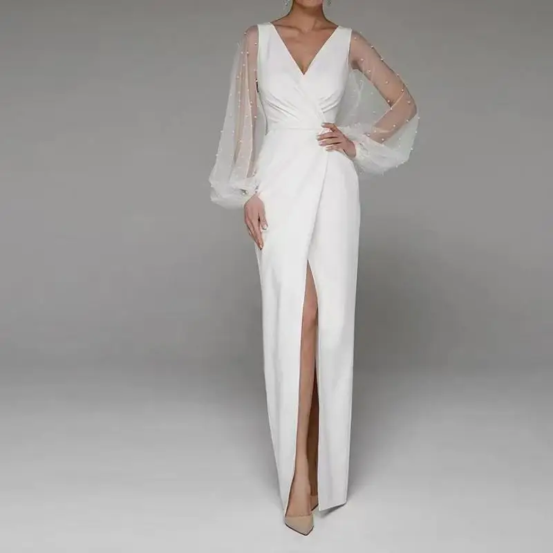 Vestido De novia Sexy con ilusión, manga larga, cuello en V clásico, hasta el suelo, vestido De noche Formal, elegante y Simple, nuevo