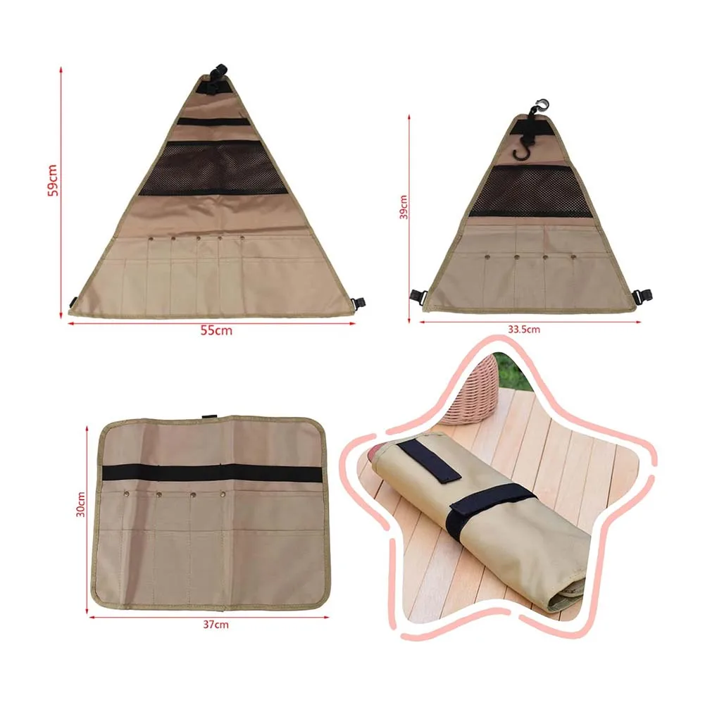 Portable roll up outdoor picnic tableware storage bag 900D Oxford cloth with mesh pockets multiple compartments for camping