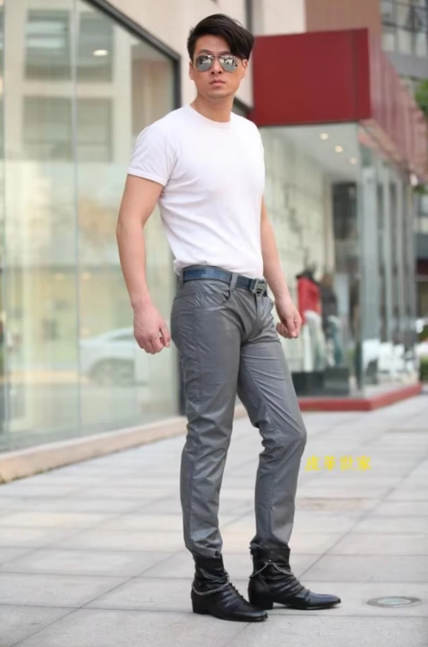 29-39 Men's New Casual Clothing Slim Smoky Grey Slim Motorcycle Leather Pants Plus Size PU Trousers Male Singer Costumes