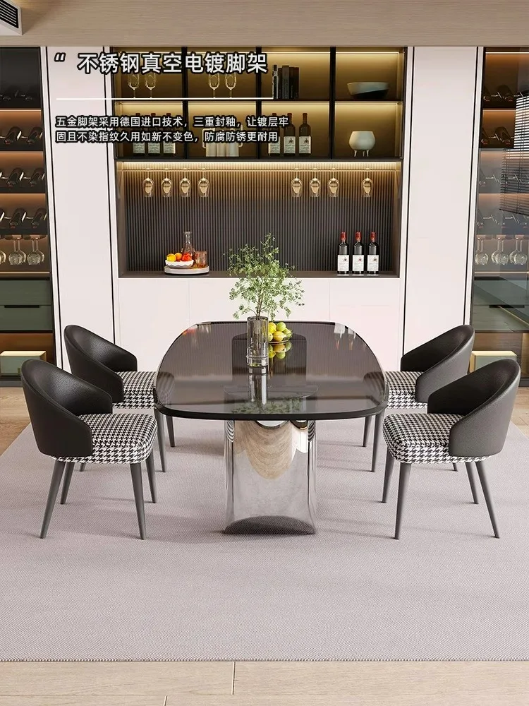Minimalist, dining table and chair combination, modern, household, rectangular, tempered glass, light luxury