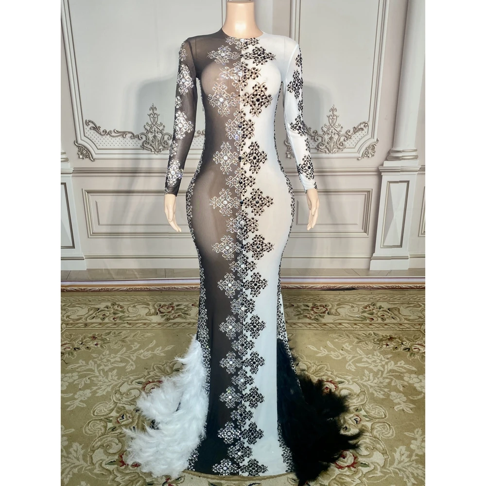 

Sparkly Rhinestones Feathers Dress Women Sexy Mesh See Through Birthday Celebrate Wedding Evening Prom Dress Photo Shoot Wear