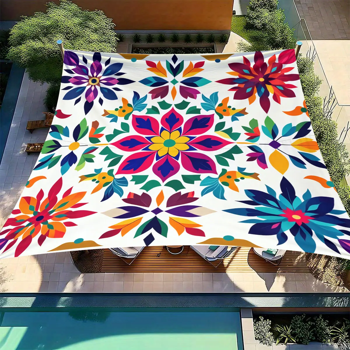 1 Stück Lebendiges Südwest-Blumenmuster Outdoor-Vordach - Traditionell Mexikanische Fliesen Inspiriert, UV-Beständig, Einfach zu Installieren und Aufzubewahren