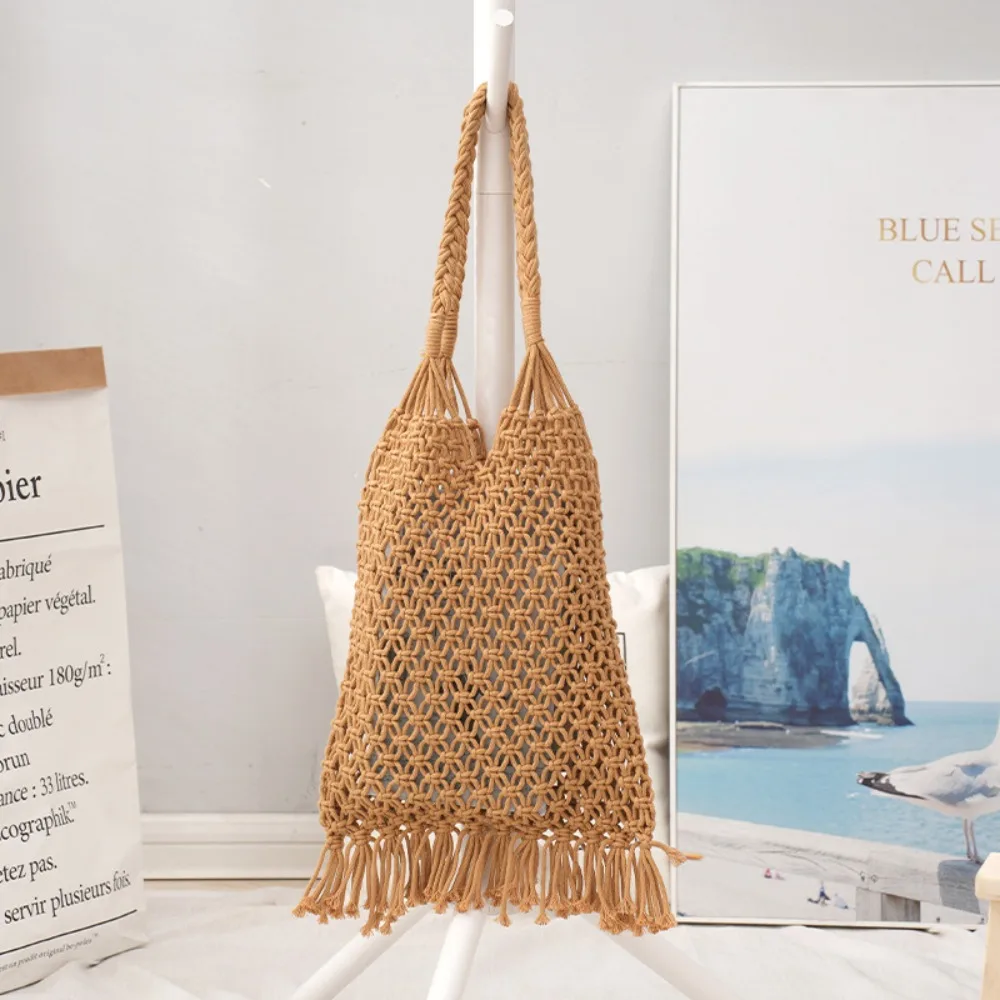 

Large Capacity Woven Retro Tassel Shoulder Bag Solid Color Hollow Out Handbag Cotton Rope Woven Bag