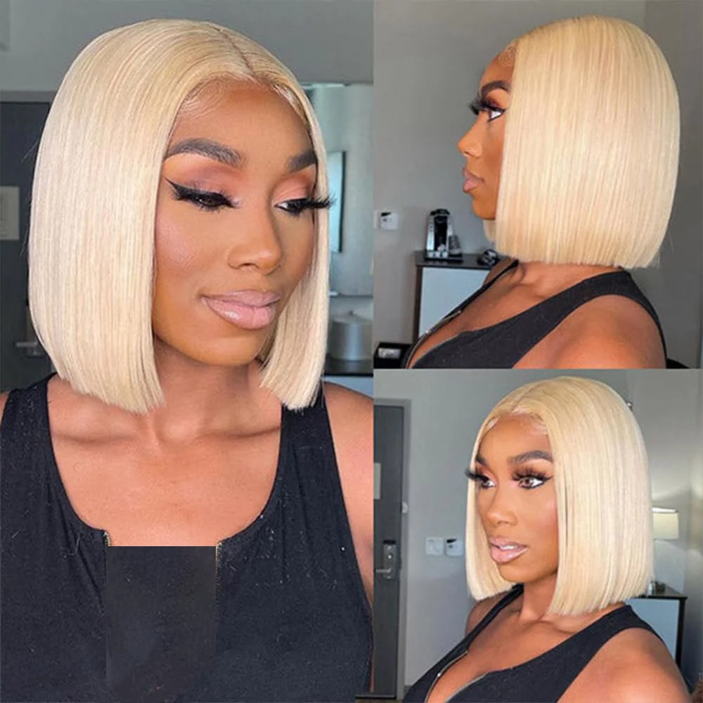 Human Hair Wigs 613 Blonde Colored Straight Short Bob 220% Density 13x6 Full Frontal HD Transparent Lace Pre-plucked 8-14 Inch