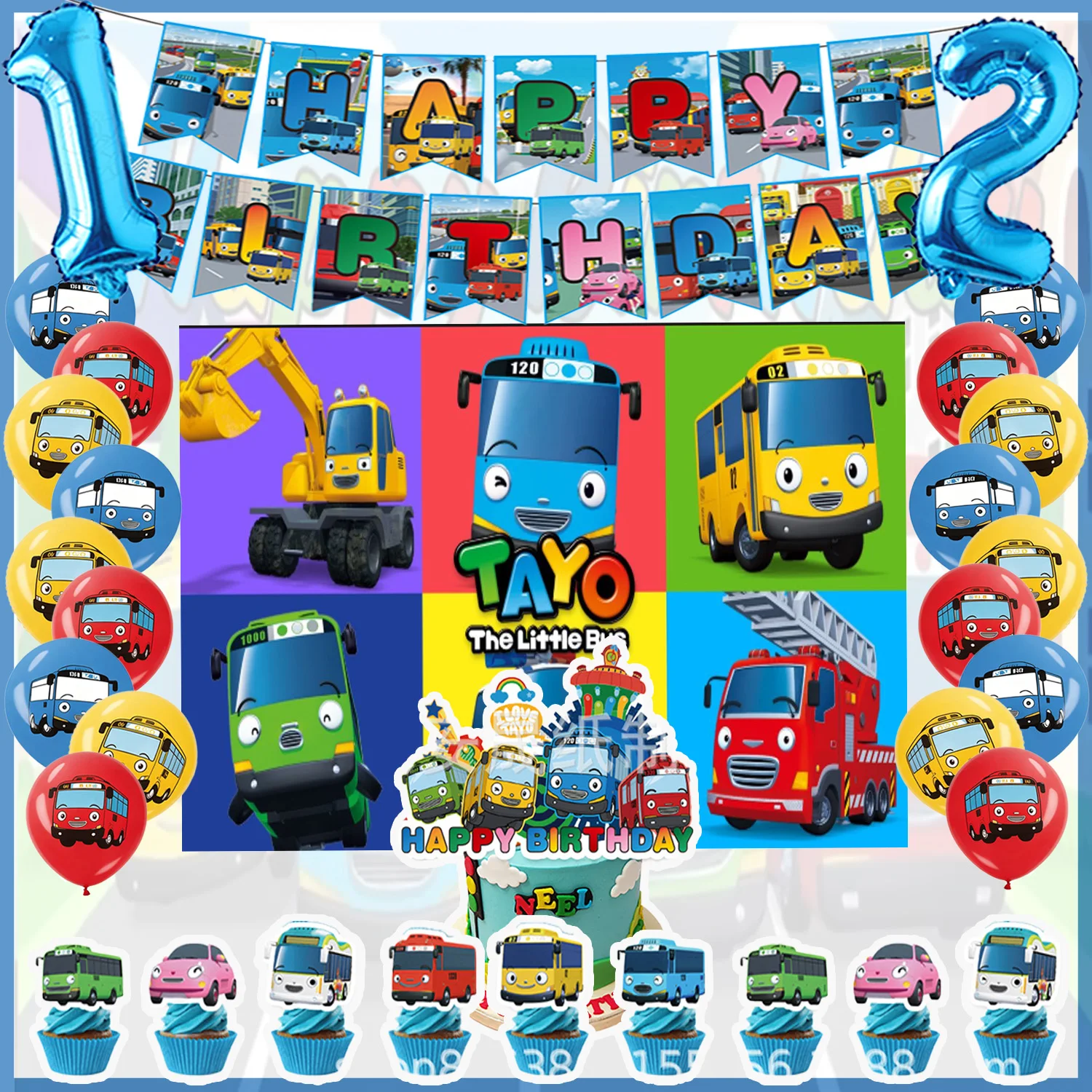 Cartoon Tayo Bus Geburtstagsparty-Zubehör Happy Birthday Anime Auto Banner Ballon Cupcake-Topper Partydekoration für Jungen Geschenke