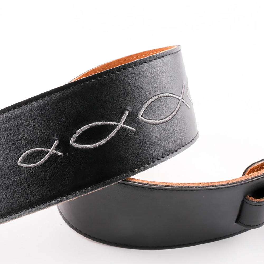 High-end Leather Guitar Straps, Pure Handmade,Black Flame, Embroidered Symbols, Colorful Woven Adjustable Guitar Shoulder Strap
