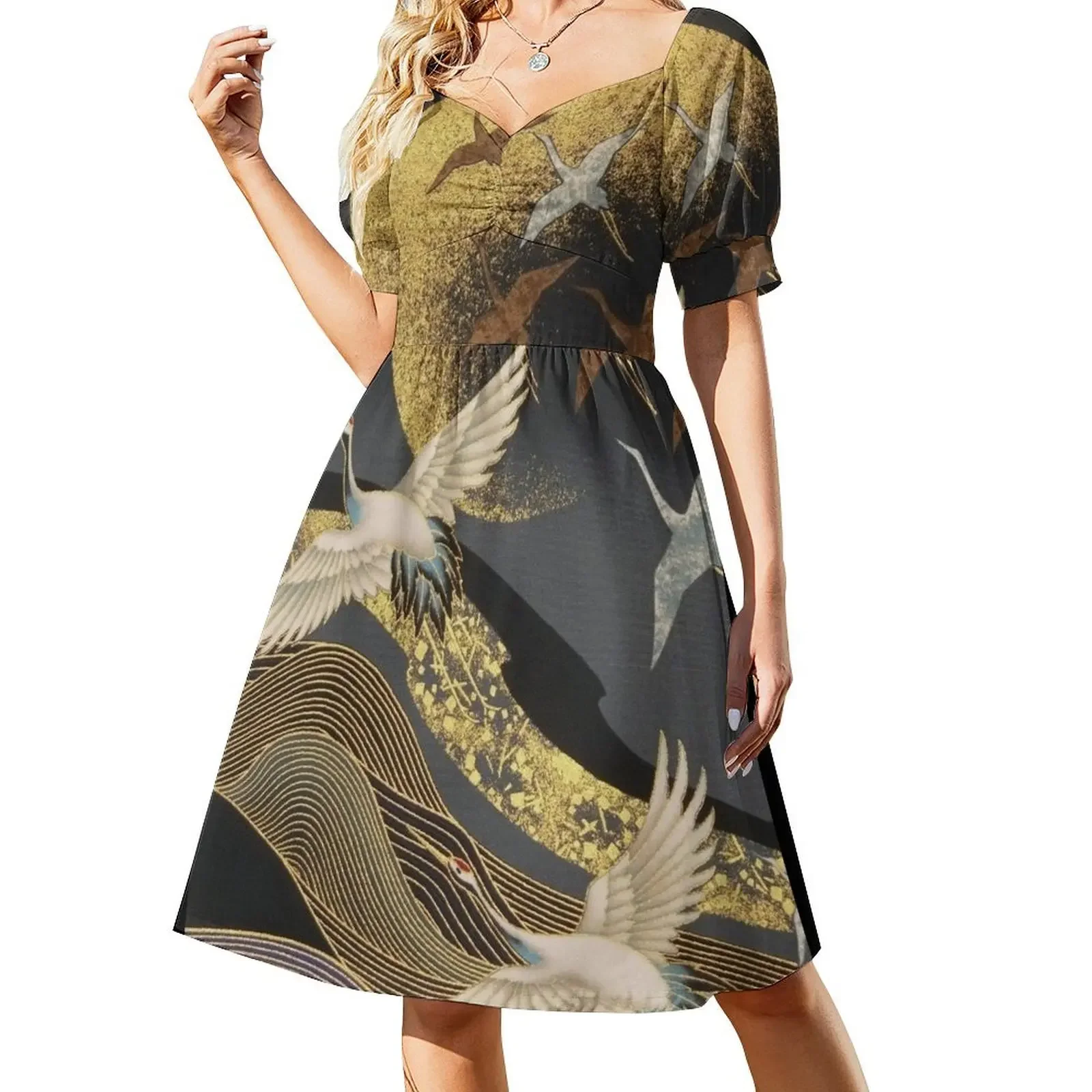 

Japanese Cranes flight to golden moon Sleeveless Dress Women's clothing Woman dresses Dress vintage Dress