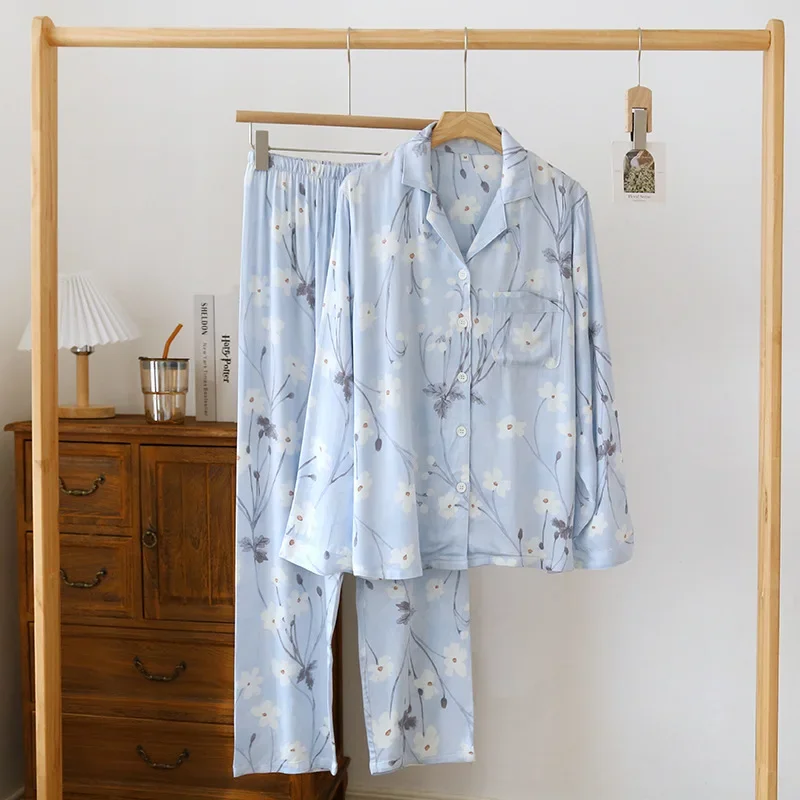 Pijamas de algodón fino y viscosa para mujer, pantalones largos de manga larga, ropa de casa, primavera y verano