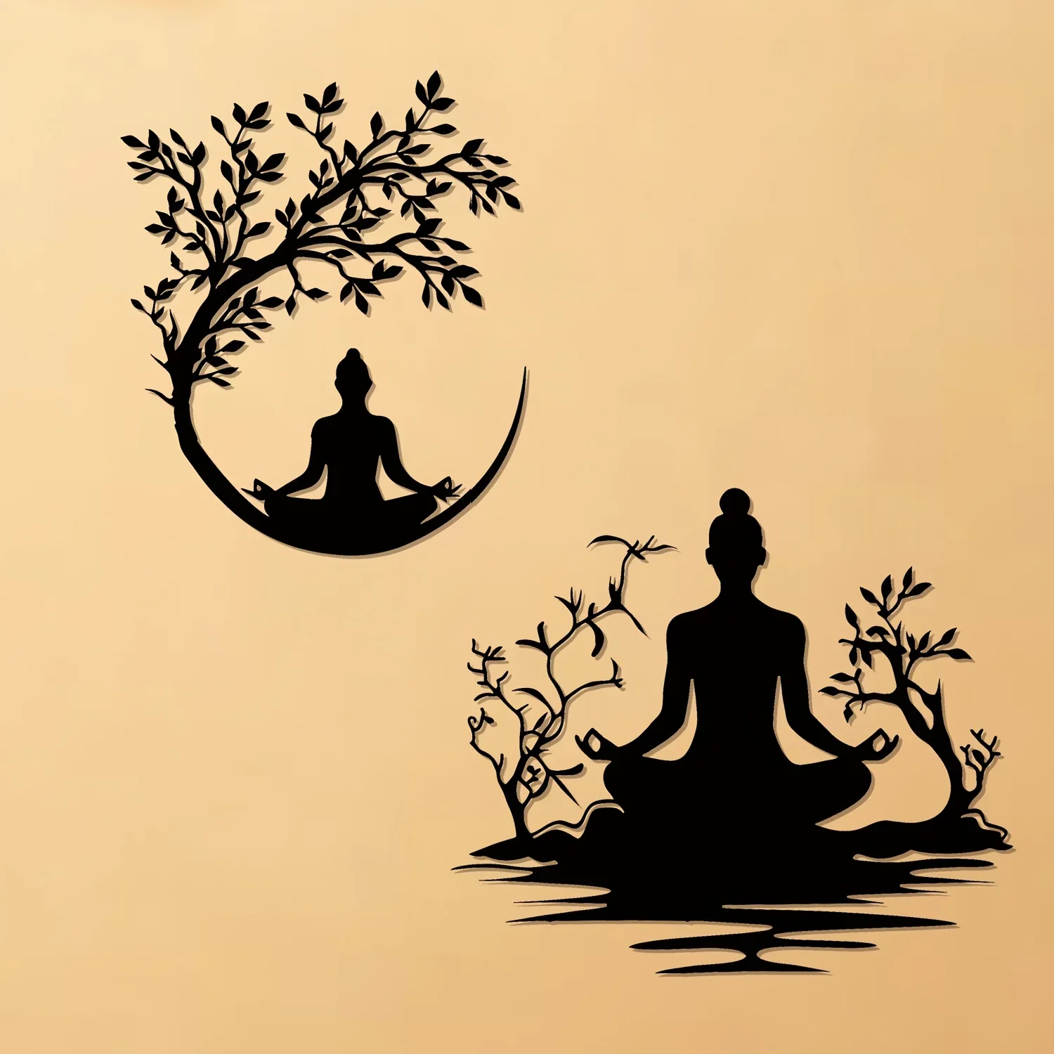 CIFBUY 2pcs Black White Monk Meditating Under Tree of Life Iron Wall Decor Artistic Ornament For Outdoor Garden Yard Patio