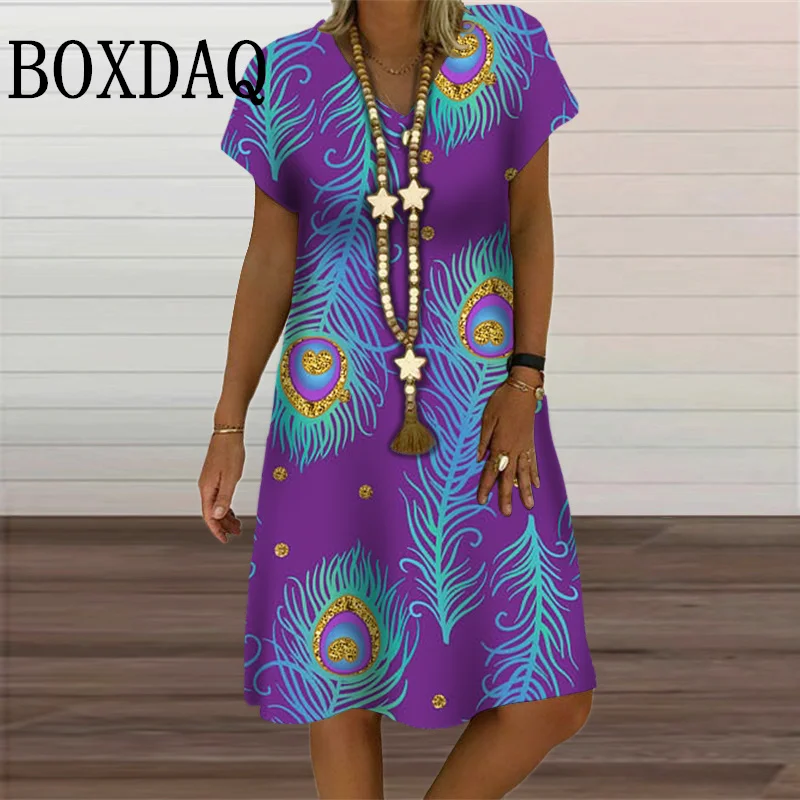 Feather Print Dresses Women Summer 2024 New Dress Short Sleeve V-Neck Midi Dress Elegant Bohemian Casual Sundress Beach Vestidos