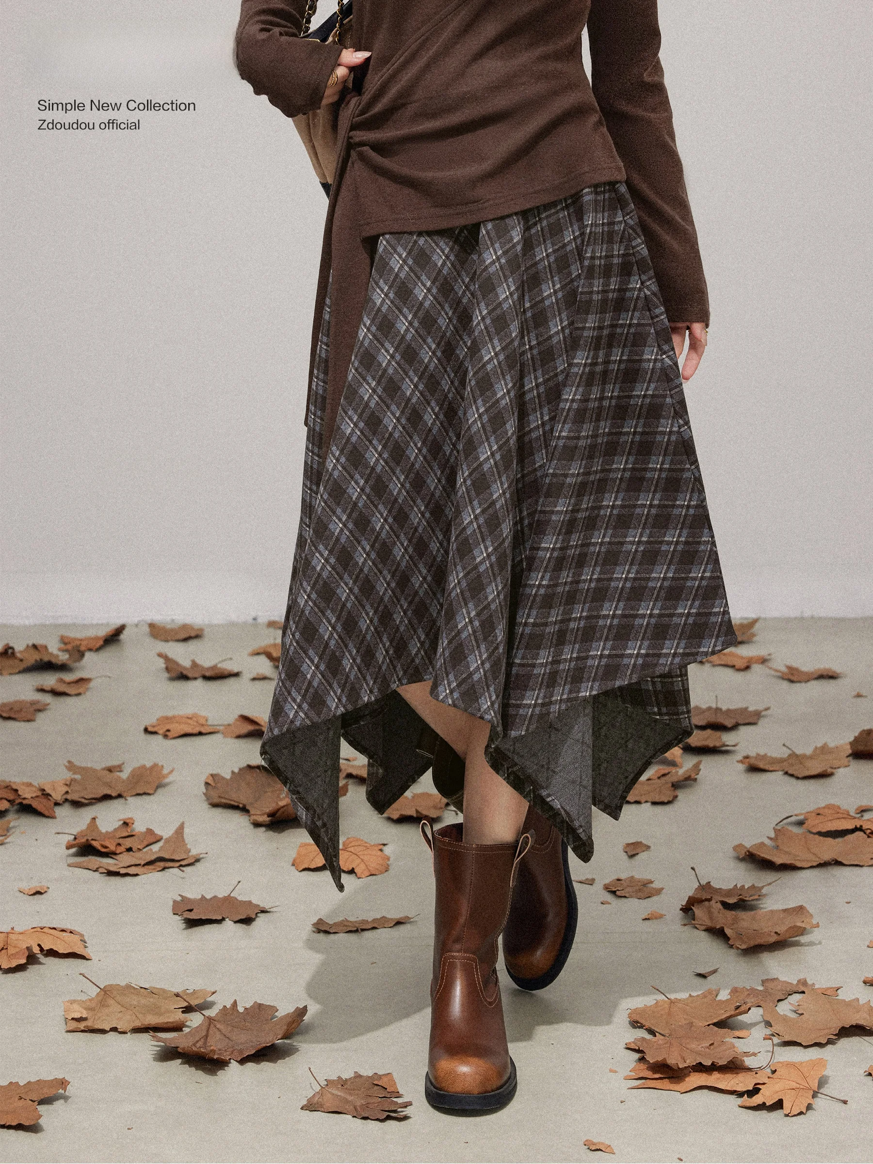 

Юбка А-силуэта с высокой талией, женская, шерстяная, в клетку, кофейного цвета, осенне-зимняя, винтажная, свободная, драпированная, средней длины