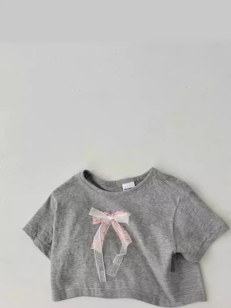 2025 Summer New Baby Girl Cute Bow Lace T Shirts Cotton Infant Toddler Short Sleeve Casual Tees Children Fashion Versatile Tops