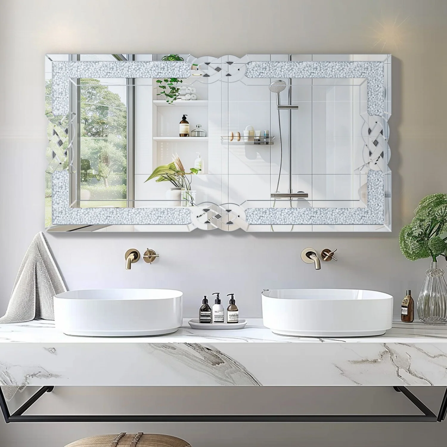 120CM Rectangle Crystal Crush Diamond Silver Mirror for Wall Decoration Crystal Diamonds Inlay Edge Living Room Above Fireplace