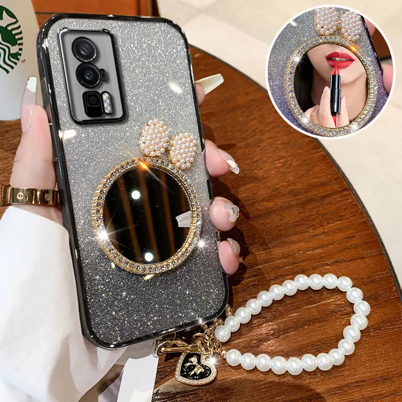 POCO F5pro Case with Pearl Lanyard Cover For Xiaomi poco F5 X6 X5 X3 M4 M6 pro C55 C65 C40 Luxury Bling Glitter Mirror Case F 5