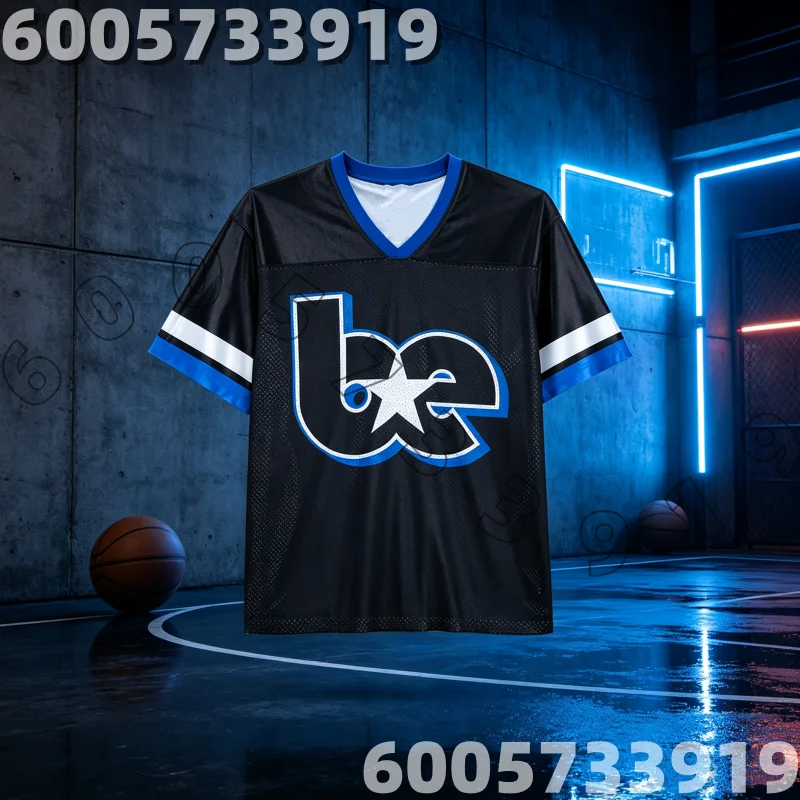 Hit Me Hard and Soft Portrait Football Jersey Unisex Black Short Sleeve Top Blue White Striped Hip Hop Street Family Kids Tees
