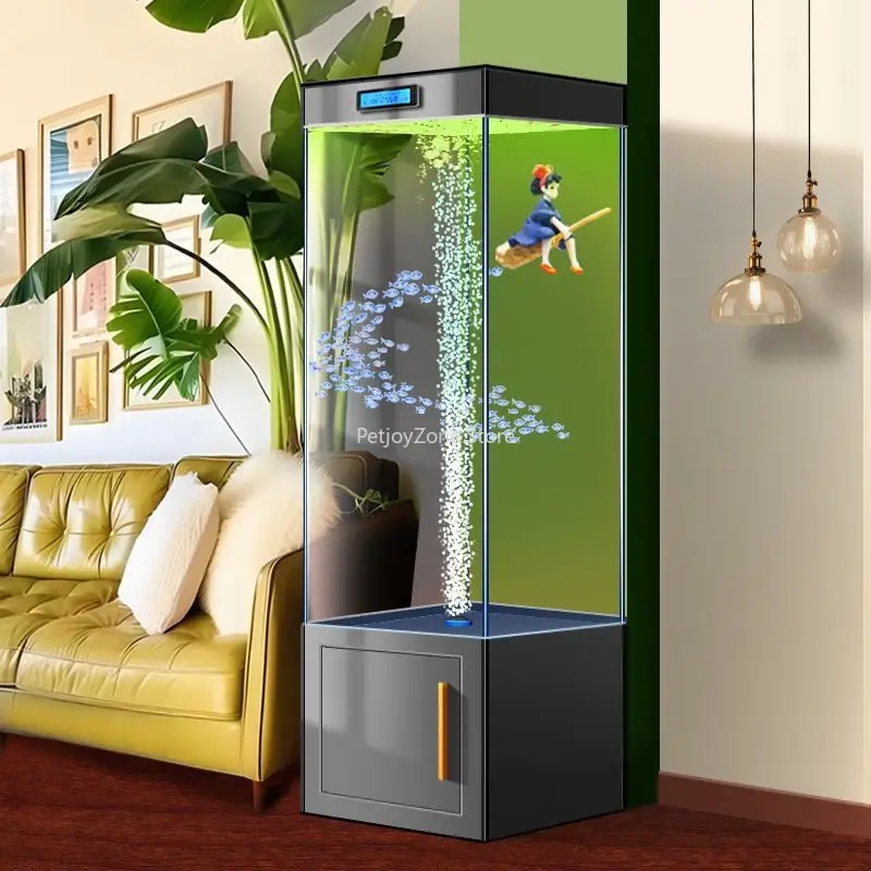 Ultra White Glass Tall Column Aquarium With Upper Filtration Hidden Oxygen Smart Display & LED Light 160-320L For Living Room