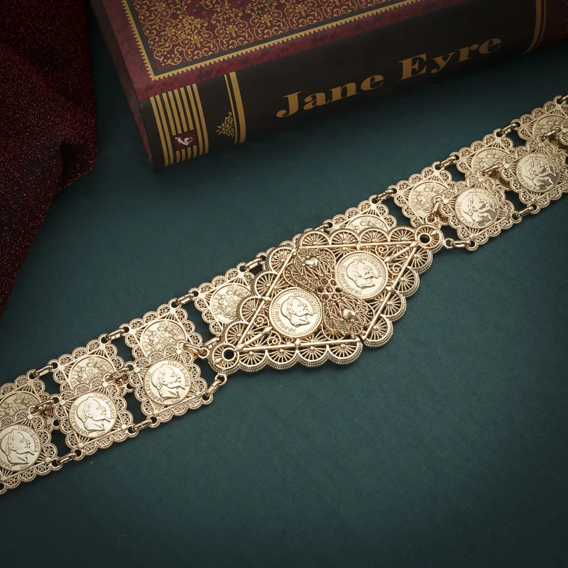 Gold Plated Napoleon Coin Belts Turkish Women Waist Chain Hollow Pattern Jewelry Chains Ethnic Belly Chains Birdal Body Jewelry