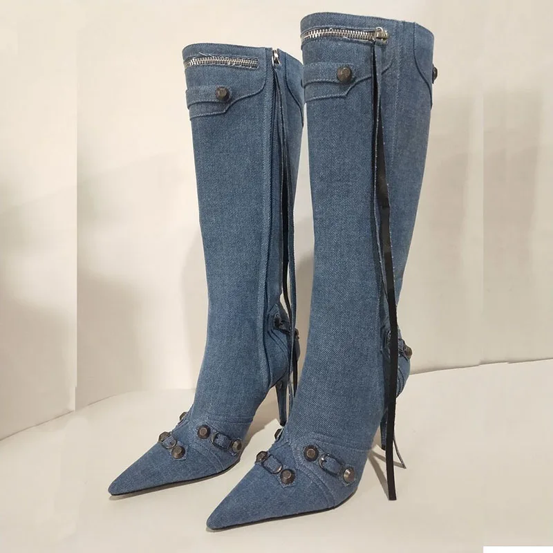 

Brand Denim Metal Rivet Knee High Boots 2023 New High Heel Pointed Side Zipper Long Boots Big Size 34-43 Women's High Heels