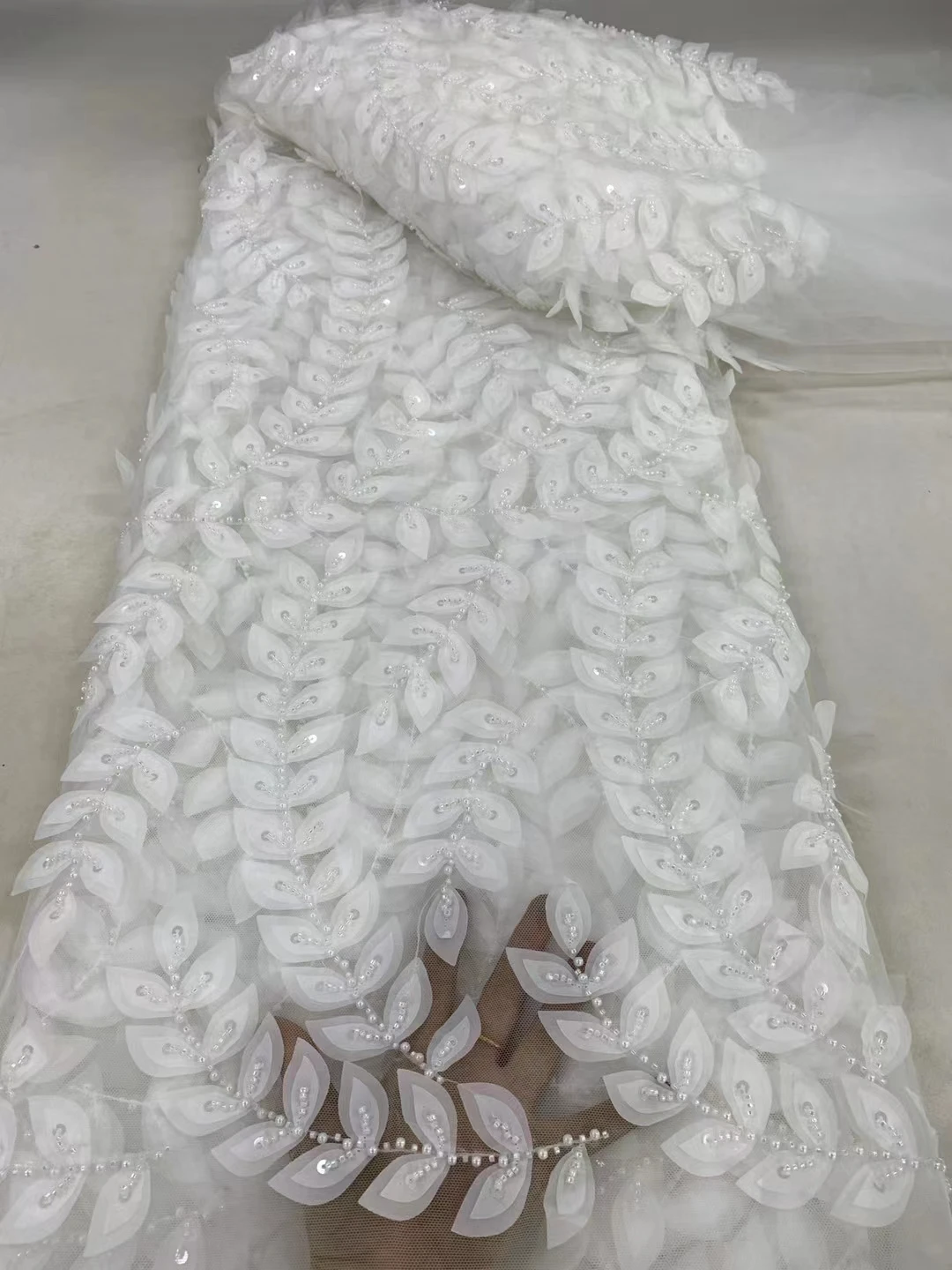 High-End Luxury White Handmade Beads 3D Tulle Lace African Lace 2024 Embroidered Nigerian Lace For Wedding Dresses